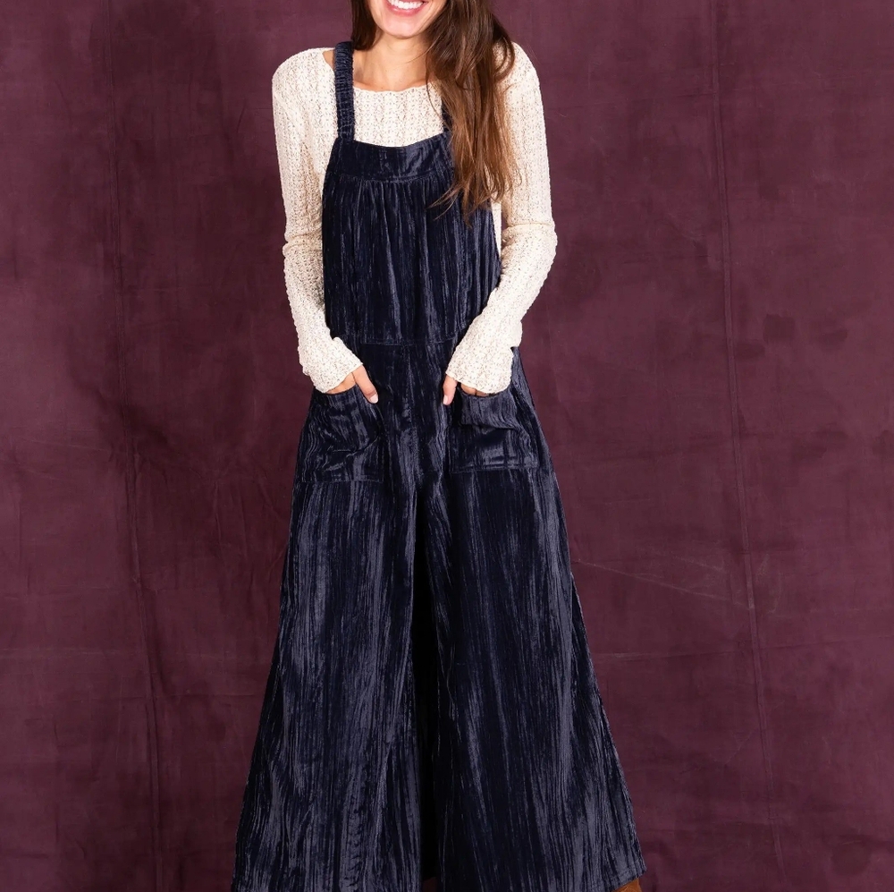 Natural Life Velvet Dark Blue Overalls with Pockets